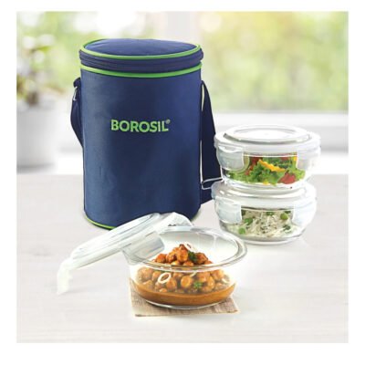 Borosil Blue Glass Lunchbox, Round x 3